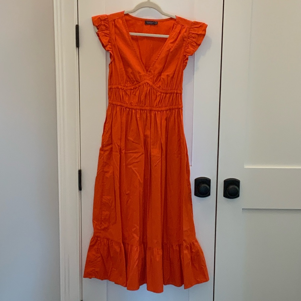 Vineyard Vines Orange Midi Dress with Ruffle Sleeves Size XS